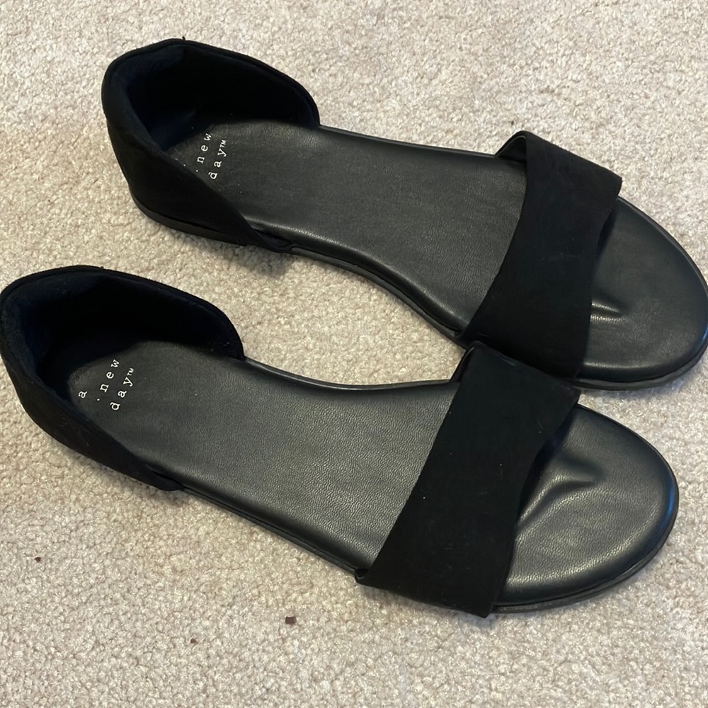 A New Day sandals like new worn once black faux suede open toe closed heel